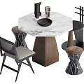 Modern Octagonal Dining Table Set With Marble Tabletop Wooden Base Chairs And Geometric Stools 3d model