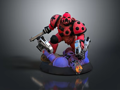 Red Armored Game Character With Black Spots Holding Dual Silver Guns On Purple Orange Base 3d model