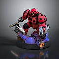 Red Armored Game Character With Black Spots Holding Dual Silver Guns On Purple Orange Base