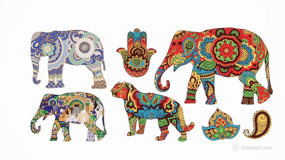 Colorful Animal Wall Hangings With Elephant Tiger Hamsa Hand And Intricate Patterns 3d model 