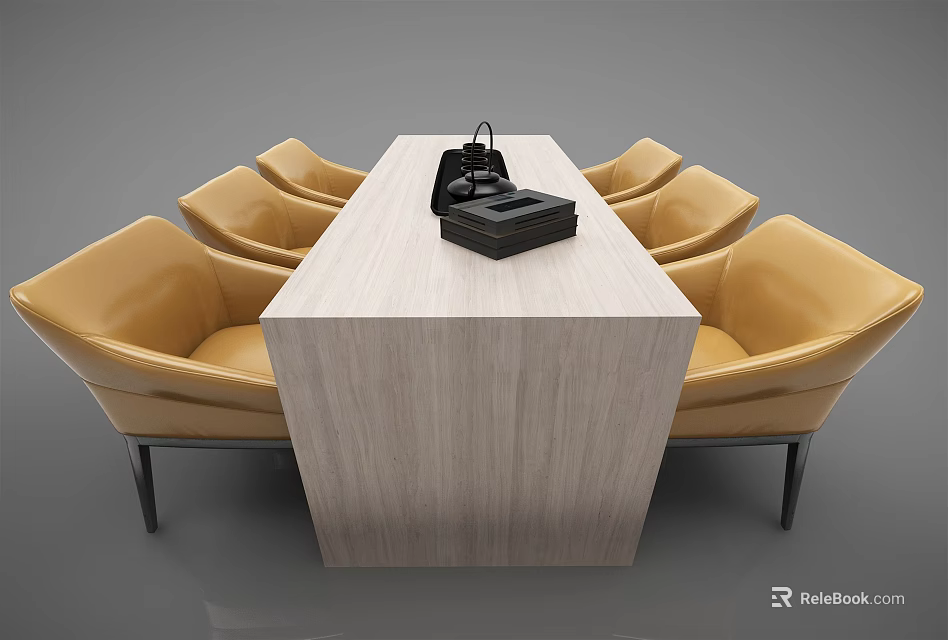 Modern Dining Table Set with Light Wooden Tabletop and Yellow Leather Chairs for Home Dining Room 3d model 