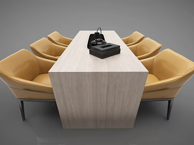 Modern Dining Table Set with Light Wooden Tabletop and Yellow Leather Chairs for Home Dining Room 3d model