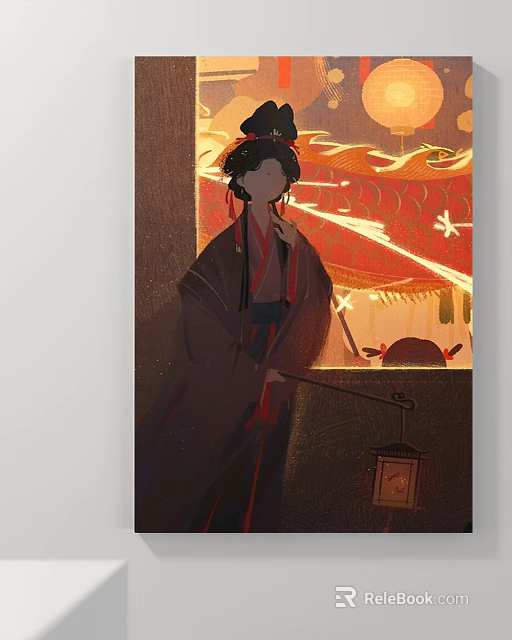 Traditional Chinese Figure Painting of Woman in Ancient Costume with Red Dragon Background and Lantern 3d model 