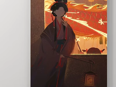 Traditional Chinese Figure Painting of Woman in Ancient Costume with Red Dragon Background and Lantern 3d model