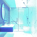 Modern Bathroom Interior With Marble Walls Glass Shower Round Mirror Gold Sink And White Toilet