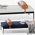 Sofa Bench With Navy Blue Seat Brown Leather Bolster Plaid Blanket And Black Metal Legs