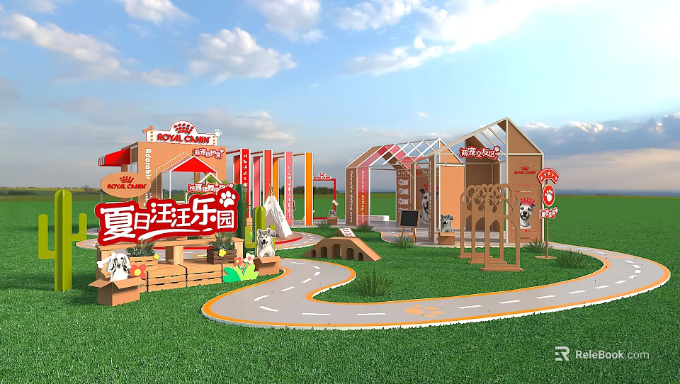Summer Carnival Park With Colorful Structures Curved Paths And Green Lawns 3d model 
