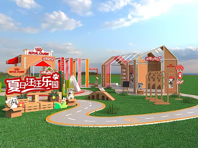 Summer Carnival Park With Colorful Structures Curved Paths And Green Lawns 3d model
