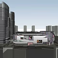 Modern Commercial Complex with High Rise Towers Retail Shops Brand Stores and Large Billboards