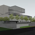 Modern Sales Office Building With Glass Curtain Wall Waterfall Stone Steps And Landscaped Greenery