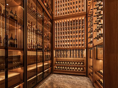 Elegant Wine Cellar Interior With Wooden Racks Glass Cabinets And Neatly Arranged Bottles 3d model