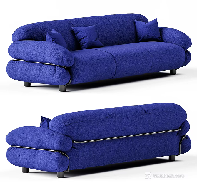 Blue Two Seater Sofa With Soft Fabric Round Armrests And Black Legs 3d model 
