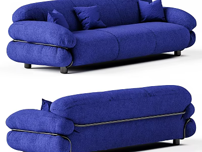Blue Two Seater Sofa With Soft Fabric Round Armrests And Black Legs 3d model