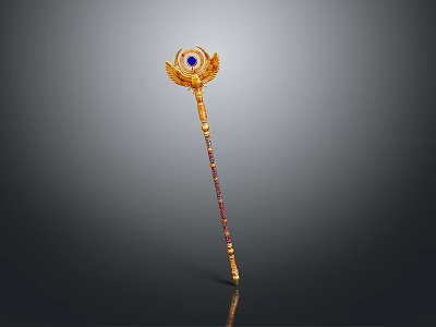 Golden Sculpture Carving Scepter With Blue Gem Wing Design And Red Gold Stripes 3d model