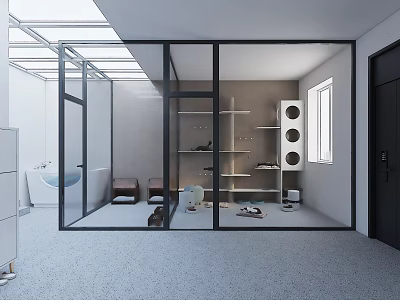 Modern Open Dressing Area With Glass Partition And Storage Shelves 3d model