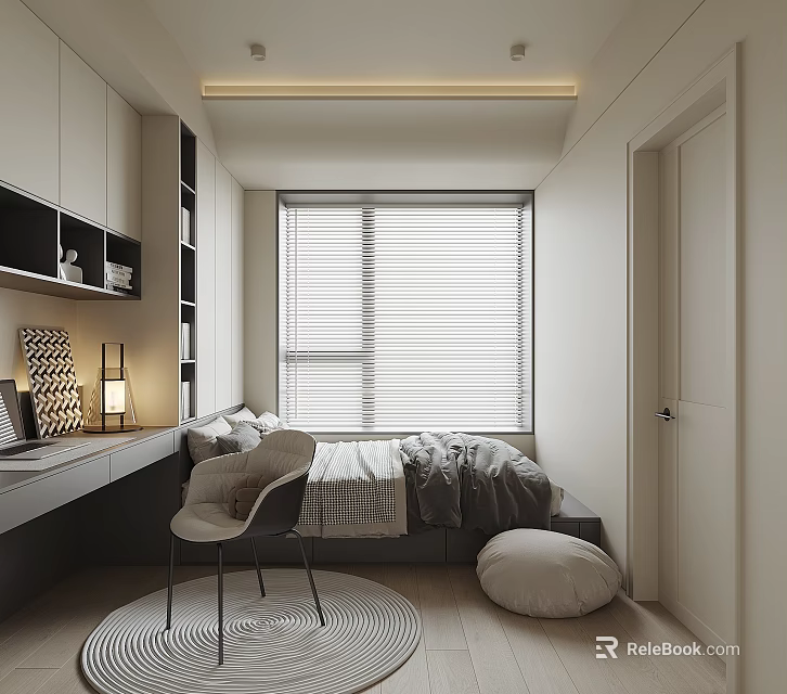 Modern Tatami Bedroom With Bed Desk Chair And Window Blinds Storage Cabinets Rug Cushion 3d model 