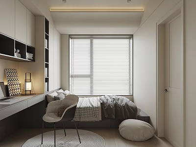 Modern Tatami Bedroom With Bed Desk Chair And Window Blinds Storage Cabinets Rug Cushion 3d model