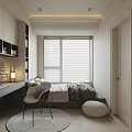 Modern Tatami Bedroom With Bed Desk Chair And Window Blinds Storage Cabinets Rug Cushion