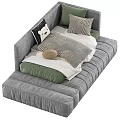 Tufted Upholstered Kids Bed In Beige Gray Velvet With Stuffed Bear And Pillows