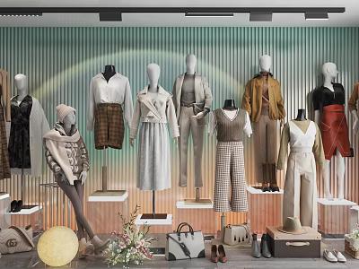 Fashion Mannequins Displaying Stylish Modern Outfits With Handbags Shoes And Accessories In Clothing Store Display Area 3d model