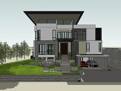 Modern Two Story Detached Villa Exterior With Lawn Stairs Garage And Trees 3d model