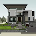 Modern Two Story Detached Villa Exterior With Lawn Stairs Garage And Trees