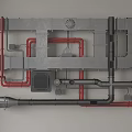 Industrial Red And Black Pipes System With Metal Framing And Ventilation Components