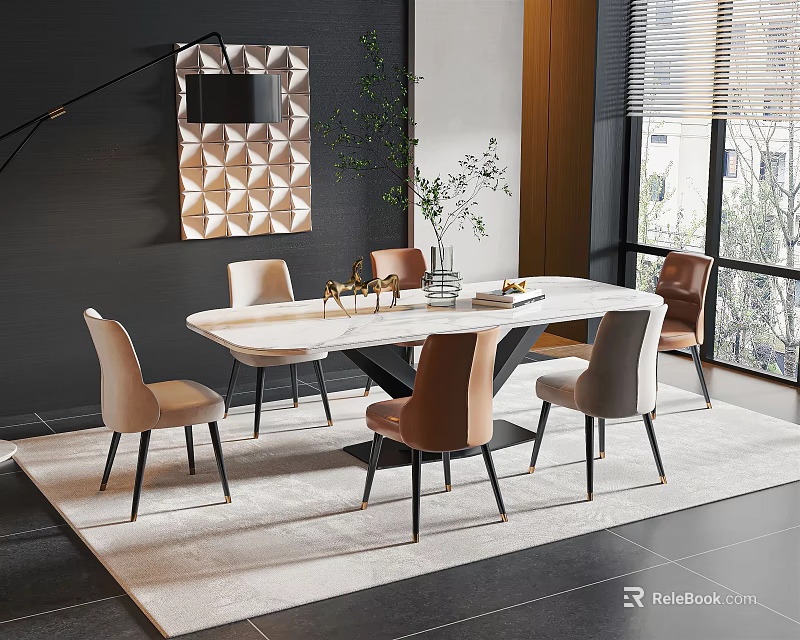 Elegant Modern Dining Table Set With Marble Top And Upholstered Chairs 3d model