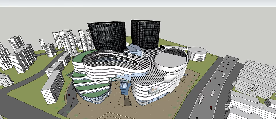 Modern Commercial Complex With Curved Design White Green Exterior Tower Buildings And Open Plaza 3d model 