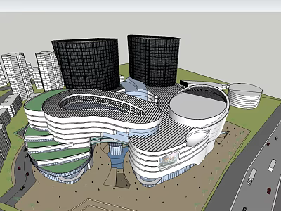 Modern Commercial Complex With Curved Design White Green Exterior Tower Buildings And Open Plaza 3d model