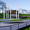 Garden Landscape Design With Lush Green Lawns Winding Pathways Trees And Central Pavilion