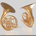 Two Golden French Horn Musical Instruments And Art Supplies With Shiny Brass Design