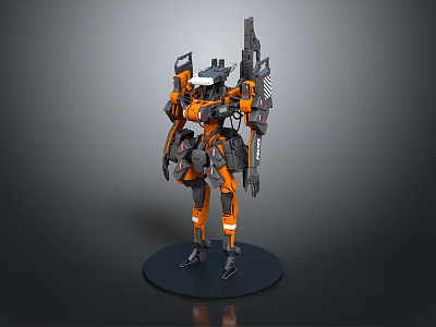 Detailed Orange And Black Mecha Robot Model With Weaponry On Black Base 3d model