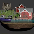 Cartoon Scene With Red Cottages Wooden Dock Small Boat Green Grass And Rocks