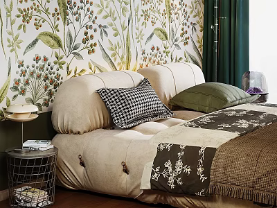 Comfortable Beige Double Bed with Plaid Green Pillows Floral Wallpaper Green Curtains and Metal Nightstand 3d model