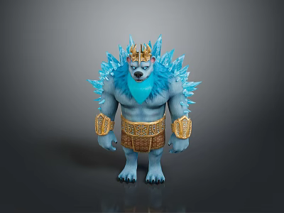 Blue Ice Creature With Golden Crown Spiky Fur And Arm Bands 3d model