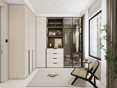 Modern Walk In Closet Interior With Cabinets Glass Doors And Chair 3d model