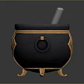Black Cauldron With Golden Decoration Red Liquid Inside White Stirring Tool And Golden Legs