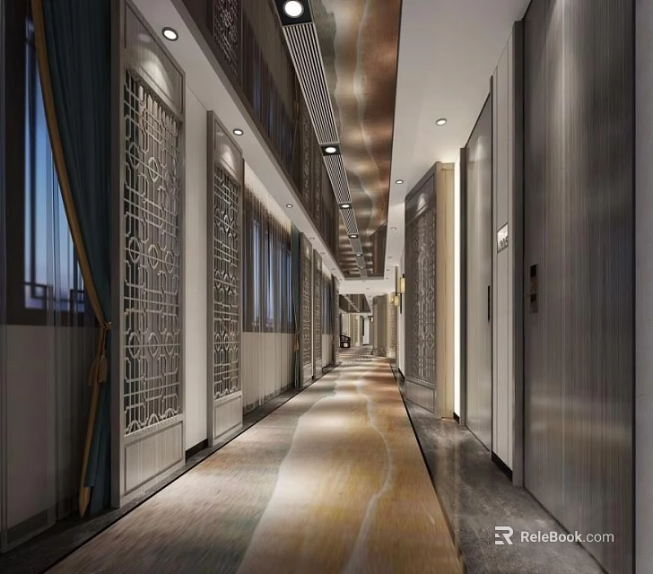 Elegant Modern Elevator Hallway With Decorative Screens Curtains And Patterned Carpet 3d model 