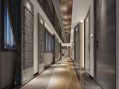 Elegant Modern Elevator Hallway With Decorative Screens Curtains And Patterned Carpet 3d model