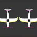 Two White Passenger Plane Models With Yellow Edges Pink Tails And Propellers On Gray Background 3d model
