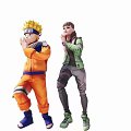 Ninja Anime Characters In Orange Outfit Green Jacket Standing Enchanted Forest Glowing Lights Waterfall
