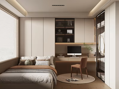 Tatami Bedroom Modern Interior Design With Bed Desk Computer Built in Bookshelf and Window Blinds 3d model