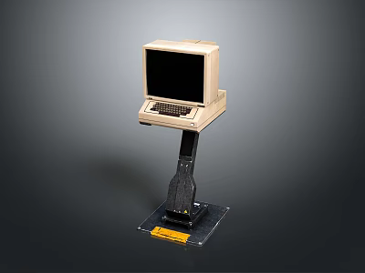 Vintage Portable Computer With Monitor Keyboard On Black Stand And Yellow Label 3d model