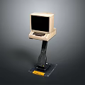 Vintage Portable Computer With Monitor Keyboard On Black Stand And Yellow Label