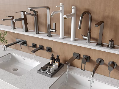 Various Modern Faucet Styles in Black White Silver Finishes Displayed on Wooden Shelf with Sinks 3d model
