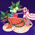 Summer Beach Scene With Watermelon Flamingo Palm Tree And Umbrella