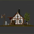 Charming Rural Cottage Landscape With Red Tiled Roof Chimney Bench Wooden Barrels And Small Flowers