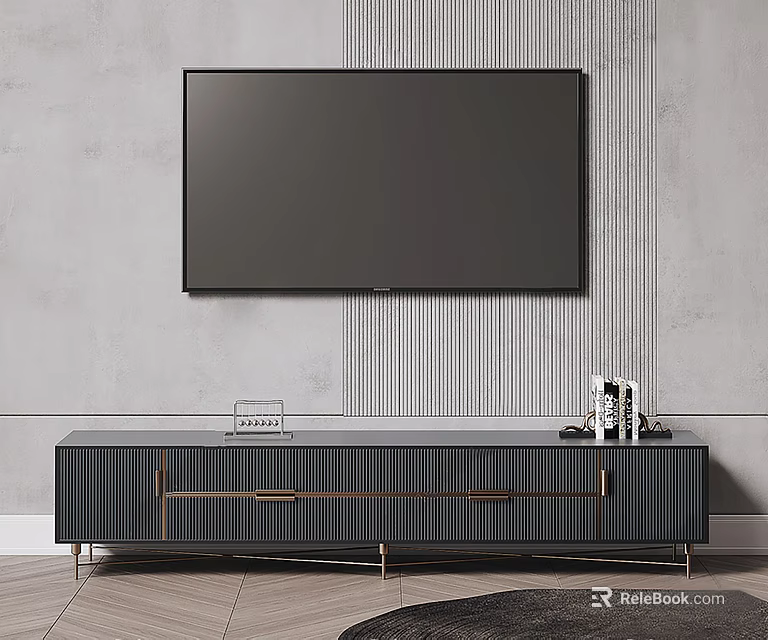 Modern Dark TV Stand with Golden Handles Against Gray Vertical Striped Wall and Mounted TV 3d model 