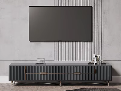 Modern Dark TV Stand with Golden Handles Against Gray Vertical Striped Wall and Mounted TV 3d model